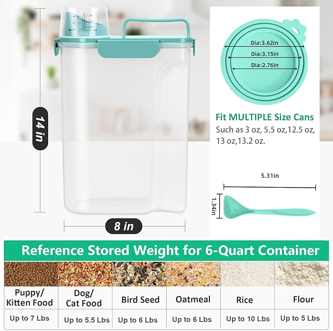 Pet Dog Cat Food Storage Container 5 to 7 lbs with Can Cover and Mixing Spoon, Airtight Travel Pet Food Storage Dispenser with Easy-pouring Spout & Cup, Kibble Dog Treat Bird Seed Container -Cyan