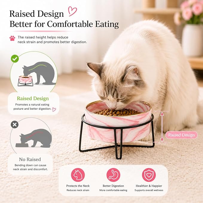 Dazzling Ceramic Elevated Cat Bowls,Raised Dog Cat Pet Food Water Bowl for Indoor(Pink, Large)