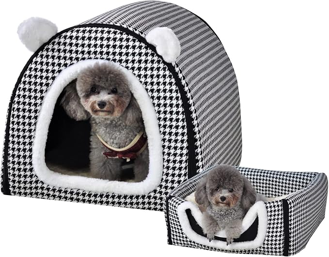 Dog Bed or Cat Bed,2 Ways to Use,Indoor Pet House with Fluffy Mat,Removable and Washable Cover,Non-Slip Bottom,for Medium Dogs and Cats(L Black Cranes)
