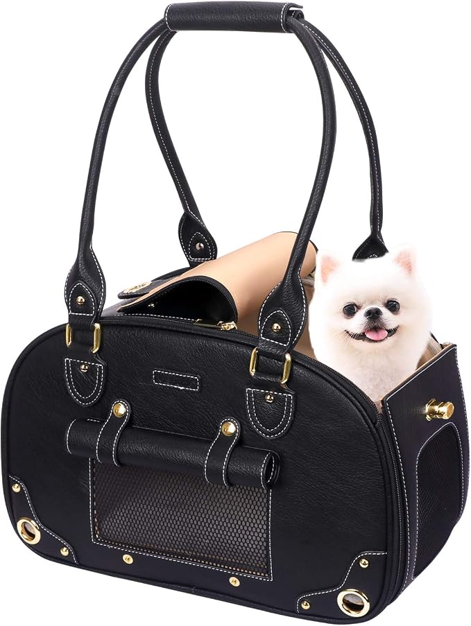 Dog Carrier Purse, Pet Carrier, Foldable Waterproof Premium PU Leather Pet Travel Portable Bag Carrier for Cat and Small Dog Home & Outdoor Small Black