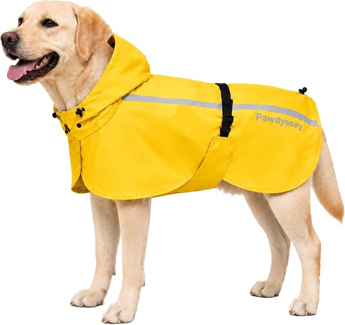Stretch Fabric Dog Raincoat with Hood, Reflective Rain Poncho for Medium Large Dogs, Adjustable Waterproof Dog Rain Jacket with Leash Opening, Bright Yellow, Large