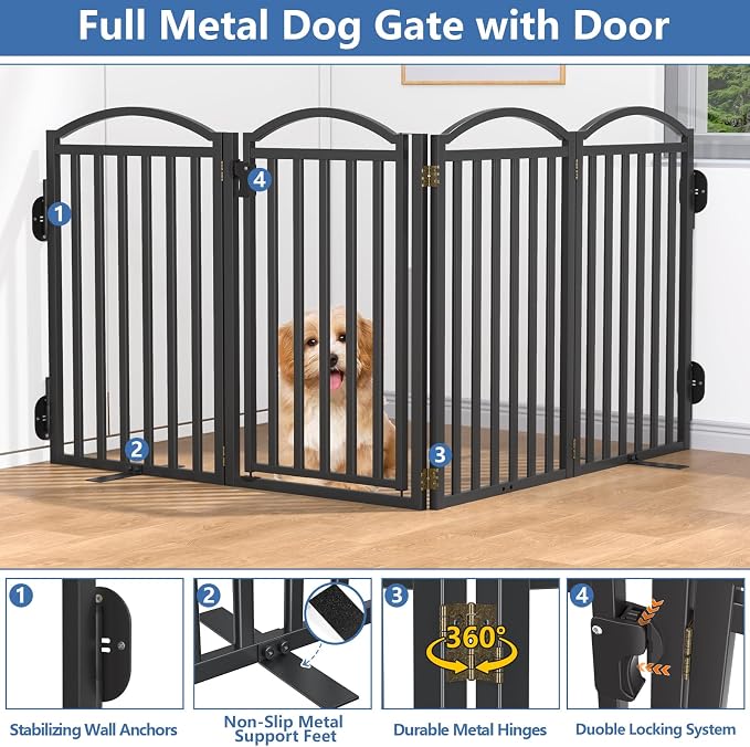 Malier Metal Freestanding Dog Gates, Outdoor Indoor Dog Fences, Extra Wide Foldable Puppy Gate for Stairs, Hallways, Yard