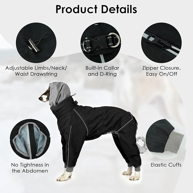 Lelepet Waterproof Dog Raincoat, Hooded Dog Rain Jacket for Large Dogs | Adjustable Full-Body Dog Rain Coat, Built-in Collar and D-ring, Snowproof & Windproof Rain Jacket, Reflective Stripe