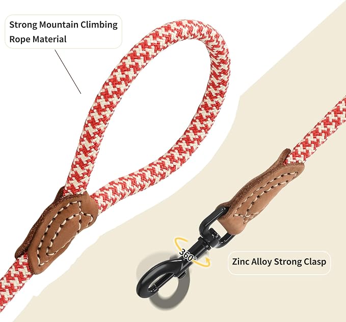 Mile High Life Dog Leash with Genuine Leather Connection, 6 FT/5 FT/4 FT | Rope Leash, Heavy Duty 360° Swivel Metal Clasp, for Small Medium & Large Dogs (Red Khaki, 60 Inch)