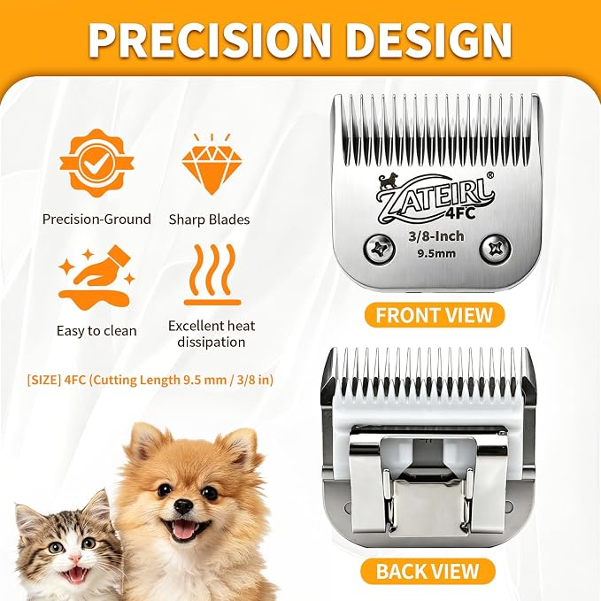 Size 4FC Detachable Pet Grooming Clipper Blade with Ceramic Cutter, 9.5mm 3/8 Inch Cut Length, Silver, Compatible with Andis, Oster A5, Wahl KM10, 3 Pack