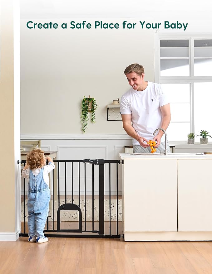 Babelio 29-48" Extra Wide Baby Gate with Adjustable Cat Door, CatPrivilege Ⅲ, Easy Install Pressure/Hardware Mounted, Auto Close Pet Door for Stairs, House, Doorways, Effortless Walk Thru, Black | Adjustable Small Pet Door, Easy Install Pressure/Hardwa...