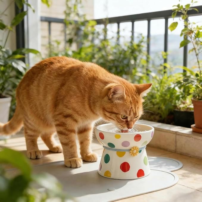 Elevated Ceramic Cat Bowls, 15°Raised Cat Food Bowl,Whisker Friendly Anti Vomiting Cats Dishes,Anti Vomiting&Protect Pet's Spine,Feeder Dish for Indoor Kitty and Small Dogs (Polka dot Tall cat Bowl)