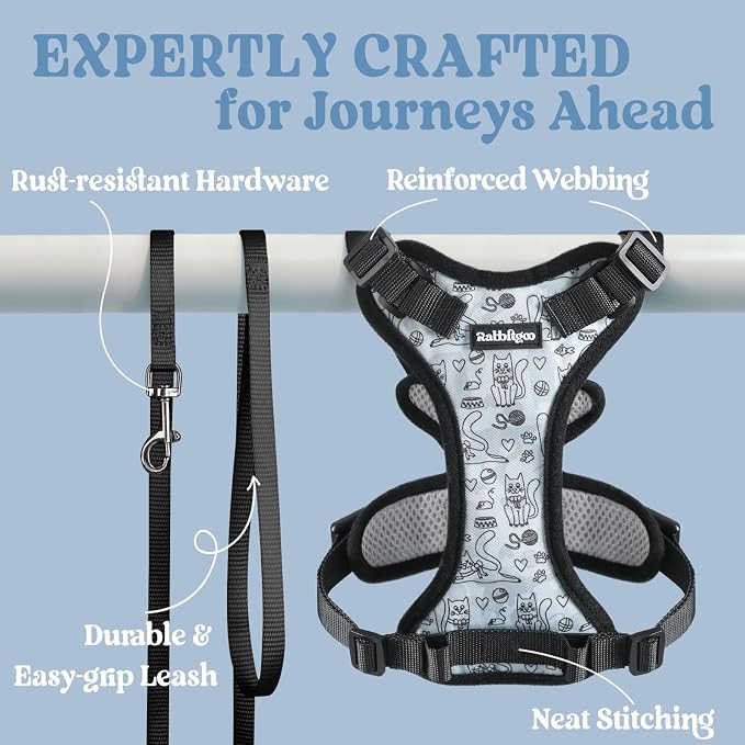 rabbitgoo Cat Harness and Leash Set, Escape Proof Vest, Doodle Gray | Soft Breathable Mesh, Easy Adjustable Fit, Snap Buckles, Sturdy Clip, Reflective Strips, for Average Cats Walks, S