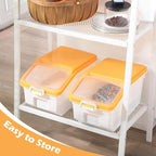 4 Pcs Rice Storage Containers Bulk Flour Sugar Container Wheels Measuring Cups Set Airtight Pet Dog Cat Birds Food Bin Grain Cereal Organizer Box for Dry Baking(Yellow,22 lb)