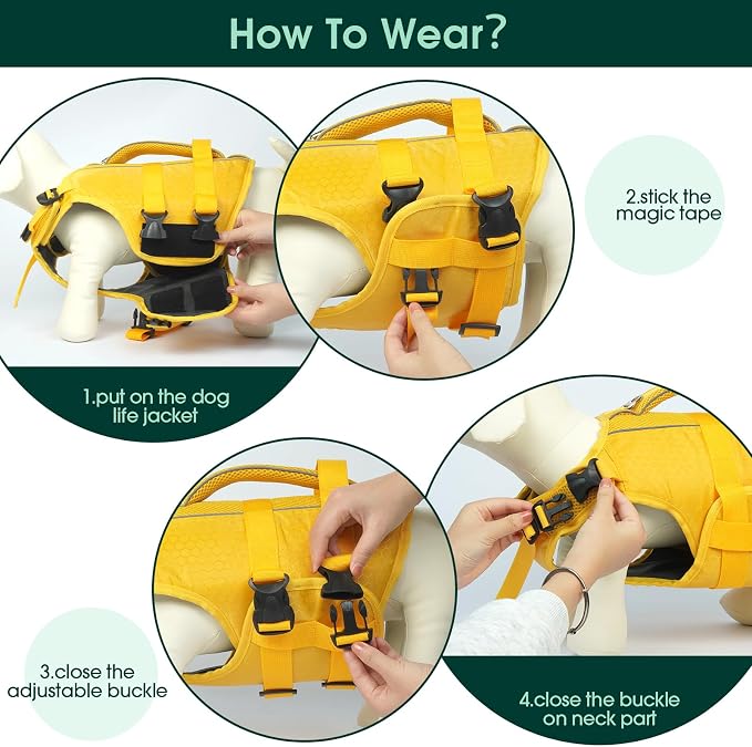 Kuoser Dog Life Jacket, High Flotation Reflective Dog Life Vest, Yellow,XXL | Adjustable Dog Lifejackets for Small Medium Large Dogs, Lifevest with Rescue Handle for Swimming, Boating, Lake, Beach & Pool