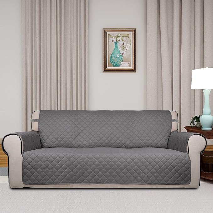 PureFit Reversible Quilted Couch Covers for Dogs Oversized Sofa Cover 78” | Gray/Gray, Water Resistant Couch Protector, Washable Pet Couch Cover with Non Slip and Elastic Straps For Kids