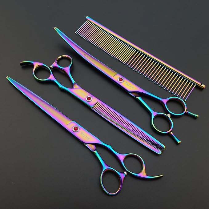 KINGSTAR 8.0in. Professional Pet Grooming Scissors Set,Titatium Plated Straight & Thinning & Curved Scissors Set with Comb,Dog Grooming,A563