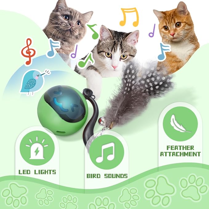Interactive Cat Toy Ball, Automatic Self-Rolling Cat Toy with Feather Tail, Rechargeable Smart Cat Ball for Indoor Cats（Dark Green）