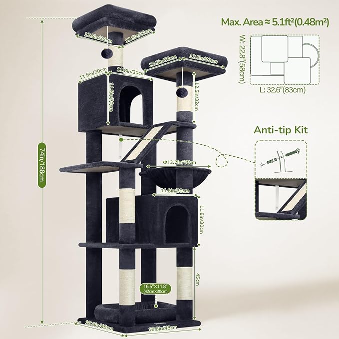 Globlazer F74D Cat Tree for Large Cats 20+ lbs, 74in Tall Tower, Dark Grey | Easy Assembly, Maine Coon, Large Cats, 2 Condos, Steel-Rim Basket Bowl, Plush Bed, 2 Perches, Sisal Posts, Anti-Topple Strap