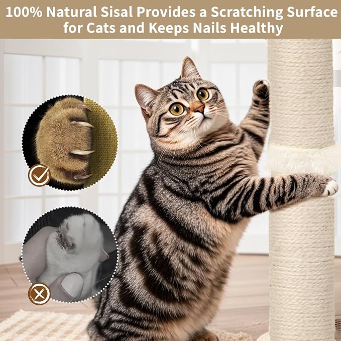 Tall Cat Scratching Post, Sisal, 33 Inches, Large Scratcher Tree Tower for Indoor Cats Adults with Hanging and Ball Track, 2 Mounting Methods Interactive Furniture Toys for All Ages