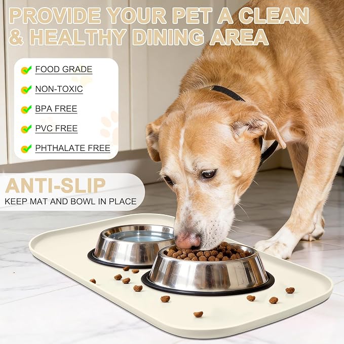 SMILOOL Silicone Pet Food Mat with Raised Edge for Food and Water Bowl, Dog Feeding Mats, Cat Food Trays for Floor Waterproof, Rubber Tray for Dogs and Cats, 19 x 12 x 0.7 White Sand