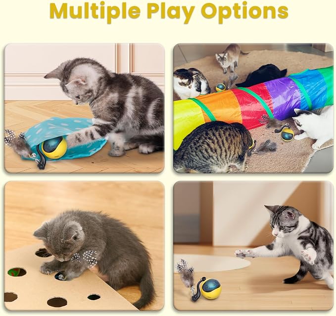 Interactive Cat Toy Ball, Automatic Self-Rolling Cat Toy with Feather Tail, Rechargeable Smart Cat Ball for Indoor Cats（Yellow）