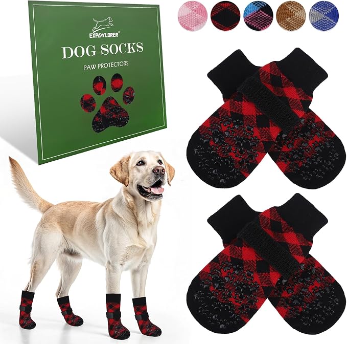 EXPAWLORER Dog Socks to Prevent Licking Paws, Dog Shoes for Hot Pavement, Anti Slip Dog Booties for Hardwood Floors, Dog Boots & Paw Protectors for Small Medium Large Senior Dogs, Red Black L