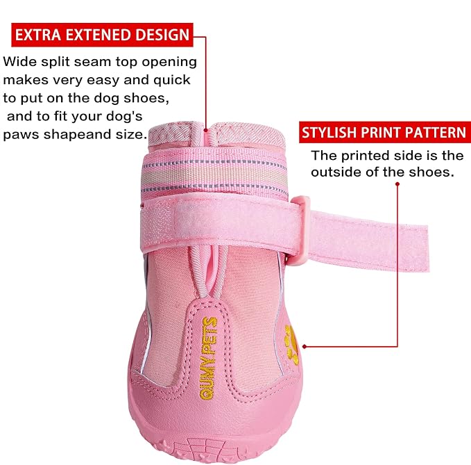 QUMY Dog Shoes for Hot Pavement, Dog Snow Boots & Paw Protectors for Winter | Dog Booties Medium Large Size Dogs, Water-resistant in the Rain, Outdoor Walking, Indoor Hardfloors Skid-resistant Sole Pink