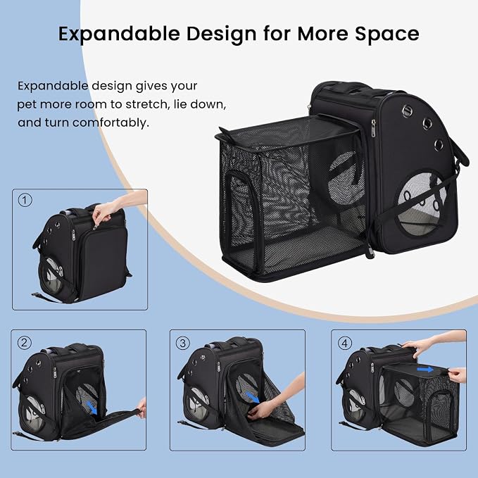 Expandable Cat Backpack Carrier, Large Space, Airline Approved, XL | Pet Carrier Backpack Up to 25 lbs, Portable Cat Travel Backpack, Ideal for Traveling/Hiking /Camping/Vet, Black