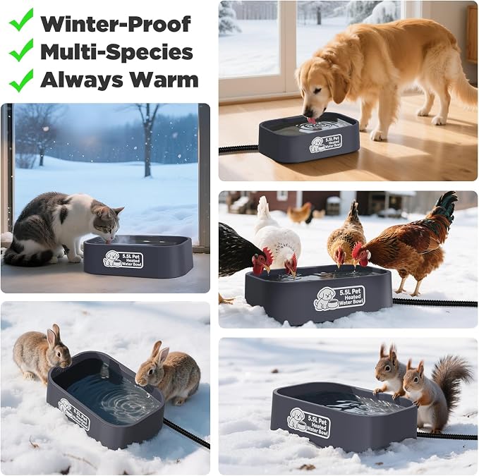 IPOW Extra Large Heated Water Bowl - 5.5L Outdoor Heated Dog Bowl with Long Cord, Keep Water Warm at 77-95℉ for Cats Dogs Rabbit Chicken Duck, BPA-Free, Gray, Rectangular, 1.5 Gallons, 194 fl oz