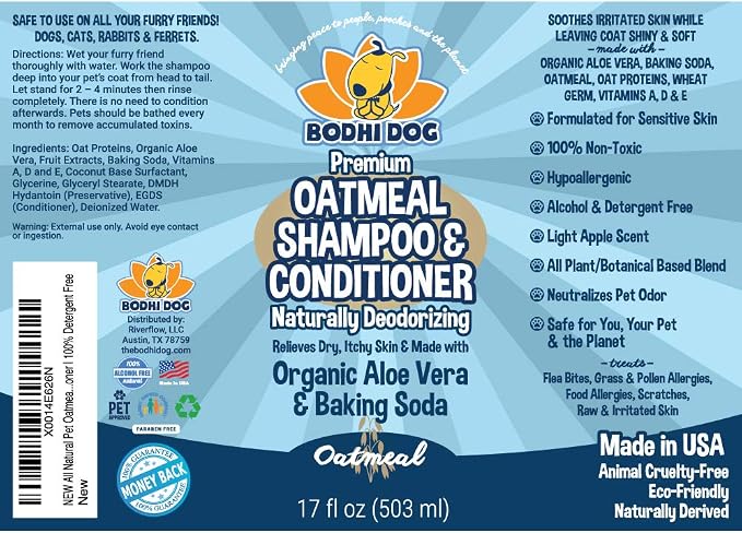 Bodhi Dog Oatmeal Shampoo & Conditioner - Hypoallergenic Formula - Naturally Deodorize Dogs, Cats & Pets - Made w/Organic Ingredients - Moisturizes Dry & Itchy Skin - Made in USA (Oatmeal, 17 Fl Oz)