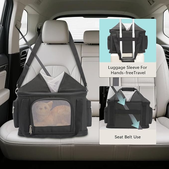 Expandable Pet Dog Cat Carrier, Top Opening Pet Bag for Small Medium Dogs Cats, Collapsible Ventilated Car Travel Comfort Soft-Sided Puppy Carriers Up to 15lbs (Black, 16.2"x11.4"x13"(LxWxH))