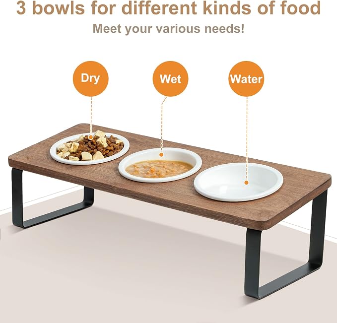 Sunhoo Raised Cat Food Water Bowl Elevated Tilted Kitty Dishes Set of 3 Ceramic Dish for Indoor Cats Orthopedic Pet Food Stand Reduces Vomiting 3 Bowl Cat Feeder Easy Assembly(Brown)