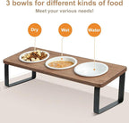 Sunhoo Raised Cat Food Water Bowl Elevated Tilted Kitty Dishes Set of 3 Ceramic Dish for Indoor Cats Orthopedic Pet Food Stand Reduces Vomiting 3 Bowl Cat Feeder Easy Assembly(Brown)