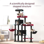 Hey-brother Cat Tree Tower with Stable Extended Base, 3 Platforms, MPJ038BR | 70.9 Inches Multi-Level Sisal Scratching Posts, Wide Bed, 2 Cozy Condos, 2 Hammocks, Toy Balls for Indoor Cats, Black and Red