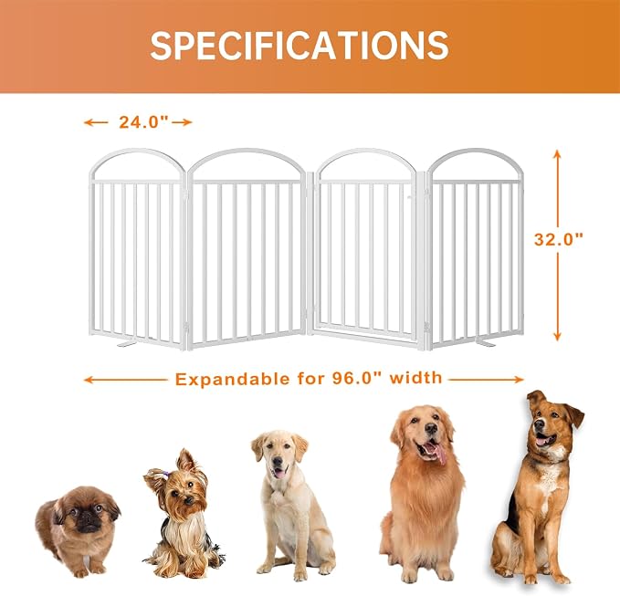 SNUOWU 4 Panles Full Matel Freestanding Dog Gates with Door, 96"Extra Wide 32"Tall Free Standing Dog Pet Gate for Indoor & Outdoor. Foldable Pet Fences for Doorways, House, Stairs, Porch, Deck, Yard