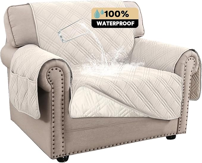 100% Waterproof Chair Sofa Slipcover for Living Room Water Resistant Couch Cover Furniture Protector Cover with Elastic Straps for Pets Kids Children Dog Cat(Chair 23", French Oak)