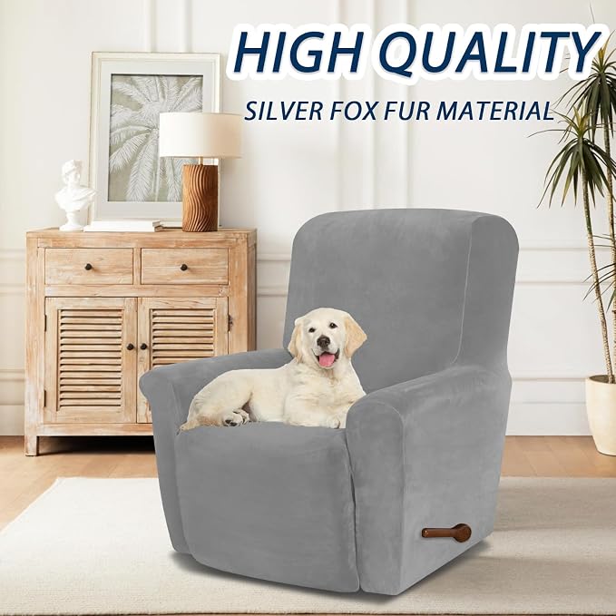 Asnomy Stretch Recliner Chair Covers Slipcover with Pockets 1-Piece（Silver） | Velvet Washable Elastic Luxury Plush Reclining Furniture Protector for Dogs Cats or Lazy Boy Recliner Covers