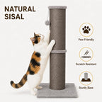 PAWSCRAT 32-Inch Tall Cat Scratching Post, 5.5-Inch Diameter, Sisal, Gery | Natural Sisal Scratching Surface with a Dangling Ball for Indoor Cats, Scratch-Resistant Durable and Protect Your Furniture