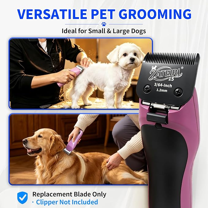 Size 15 Detachable Pet Grooming Clipper Blade with Steel Cutter, 3/64 Inch (1.2 mm) Cut Length, Black, Compatible with Andis, Oster A5, Wahl KM10, 3 Pack
