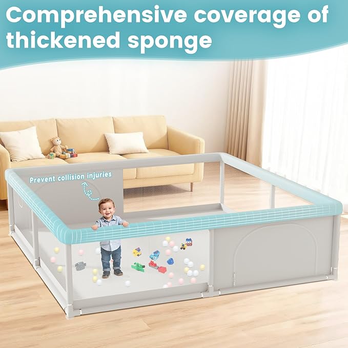 Hiaksedt 79x79 Inch Baby Playpen for Babies and Toddlers | Extra Large Play Yards for Indoor & Outdoor with Zipper Gates, Breathable Mesh with Anti-Slip Base