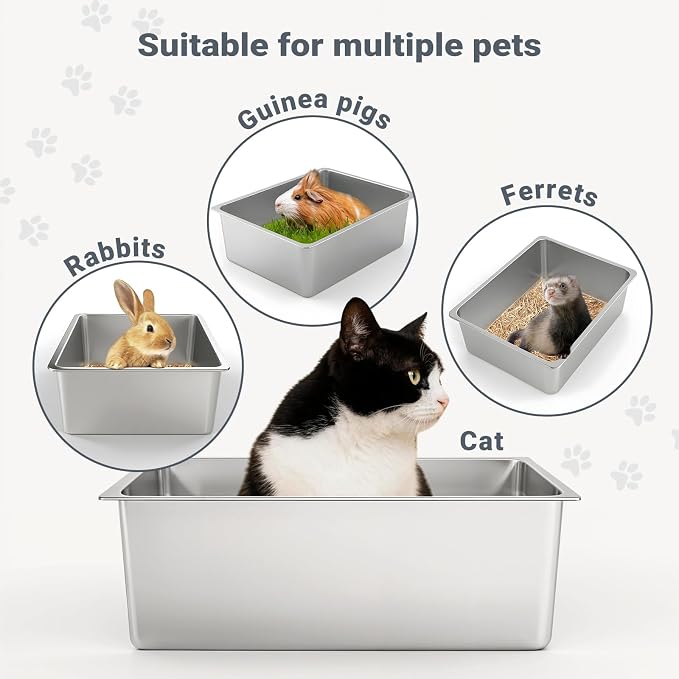 Kirecoo Large Stainless Steel Cat Litter Box High Sided, Non-Stick | Solid Metal Box, Odor Free, Non Stick, Rust Proof, Easy to Clean, Ideal for Cats, Kittens, Multi-cat & Rabbits, Indoor Use