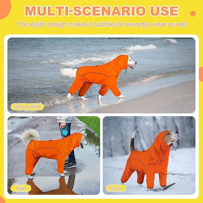 ADINIKIA Dog Raincoat,Waterproof Rain Jacket with Removable Hood,Orange XL | Leash Hole/ Reflective Stripe/Adjustable 4 Legs Rainsuit/Full Coverage/ Snowproof Windproof/ For Small to 3X-Large Dogs