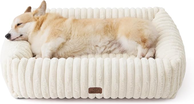 Bedsure ComfyFleece™ Cute Dog Bed Medium Large Size Dog Washable，33in Cream | Furry Big Pet Beds,Square Rectangle Orthopedic Corduroy Aesthetic,Removable Zipper Cover,Non-Slip Bottom,Up To 50 Lbs