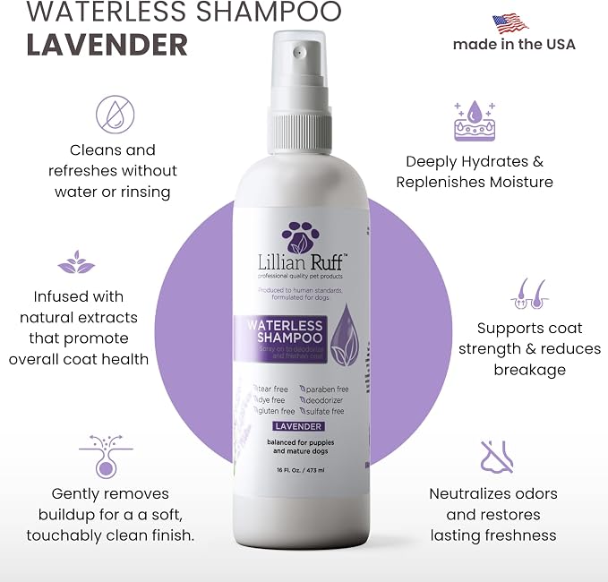 Lillian Ruff Waterless No-Rinse Dog Dry Shampoo Spray with Hydrating Essential Oils - pH-Balanced Dry Shampoo for Dogs - Clean, Condition, Detangle & Deodorize Dry, Sensitive Skin (Lavender)