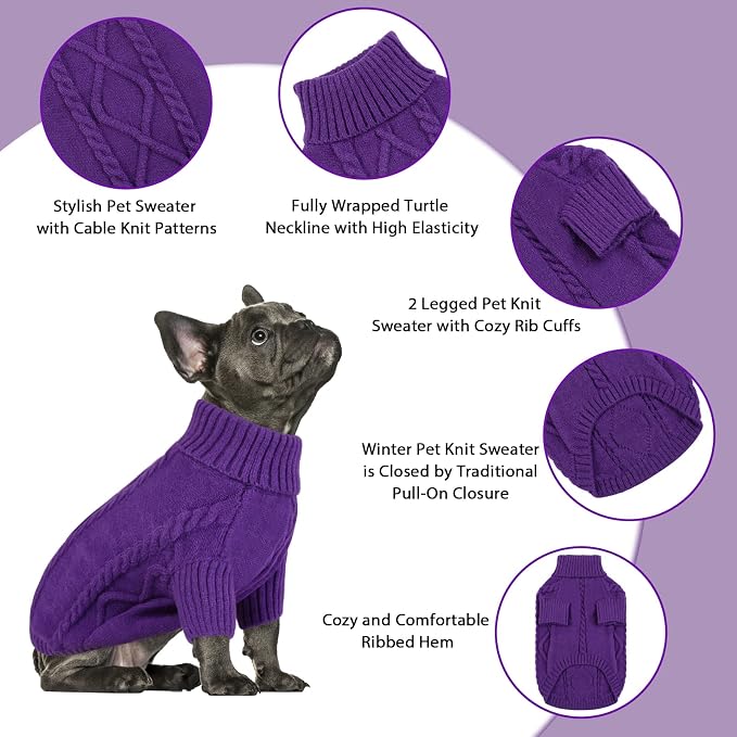 Queenmore Small Dog Pullover Sweater, Cold Weather Cable Knitwear, Classic Turtleneck Thick Warm Clothes for Chihuahua, Bulldog, Dachshund, Pug (Purple, Small)