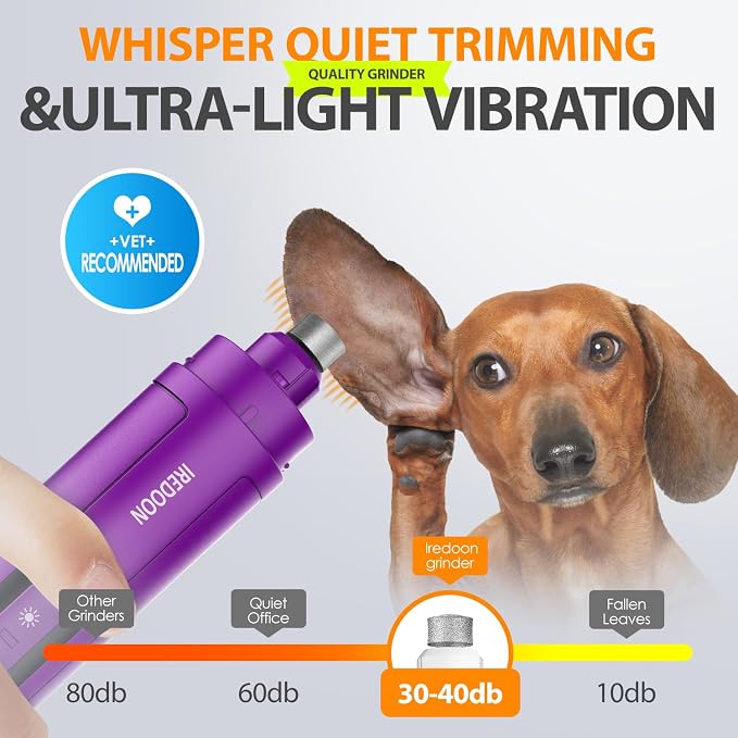 Dog Nail Grinder with 4 LED Lights, 3 Speeds Super Quiet for Pets | Low Vibration,Electric Pet Nail Grinder, Professional Painless Paw Grooming & Smoothing for Small to Large Dogs Cats(Purple)