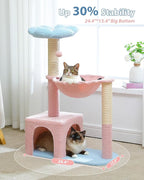 MUTTROS Flower Cat Tree with Large Metal Frame Hammock, 35" Pink Cat Tower with Sisal Scratching Posts for Small Indoor Cats, Cat Condo with Blue Top Perch for Kittens, Fluffy Ball, Pink