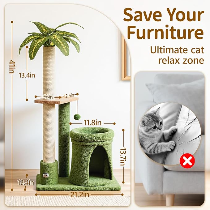 41" Cat Tree Tower Condo Scratch Post Stand for Indoor Small Cats | Palm Tree Compact Space Saving Scratch Post Stand with Cozy Bed, Great for Kitten Climbing, Scratching Playing & Resting