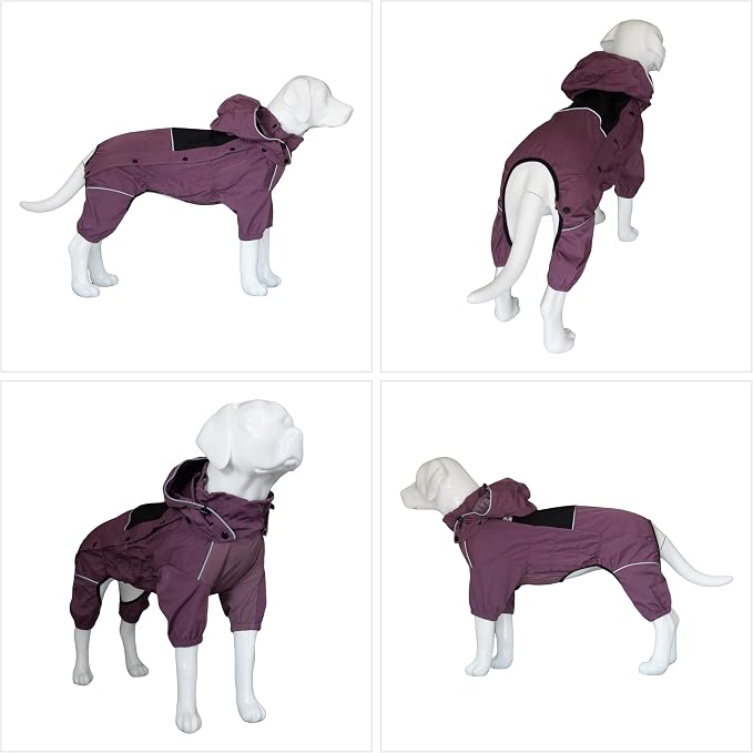 LOVELONGLONG Waterproof Dog Raincoat with Removable Hood – Outdoor Full Body Dog Jacket, Windproof Snowproof Shell Suit – All Season Pet Rain Gear Plum Purple 4XL