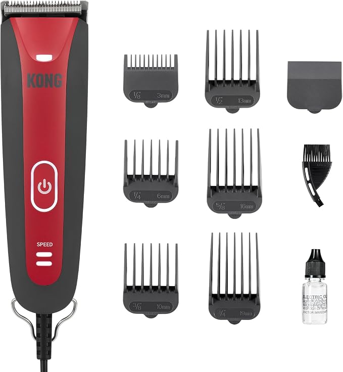 Kong 2-Speed Dog Clipper Grooming Kit – Stainless Steel Blade, Waterproof, LED Spotlight, 6 Guide Combs, 8-Foot Cord, Ergonomic Handle – Red/Gray, Medium Coat Types