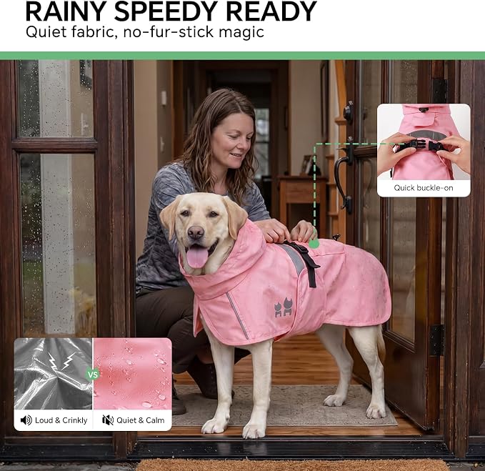 Luciphia Dog Raincoat, Adjustable Hooded Reflective Jacket with Pocket | Pink Large dog rain jacket with leash hole, buckle-on, non-stick fur. For daily walks.