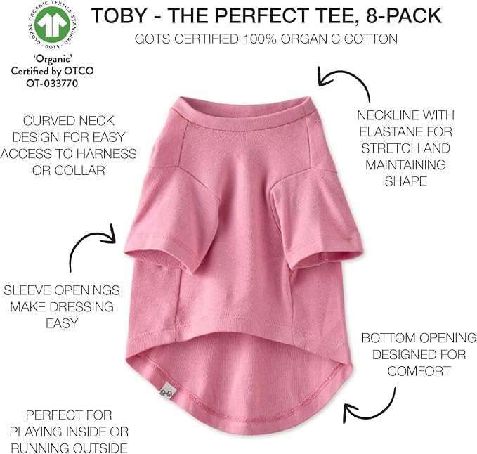 Pet Passion Toby II - The Perfect Tee, 8 Pack Short Sleeve Pet T-Shirt 100% Organic Cotton Tees Clothes for Small, Medium, Large Dogs, Rainbow Pink, XX-Small