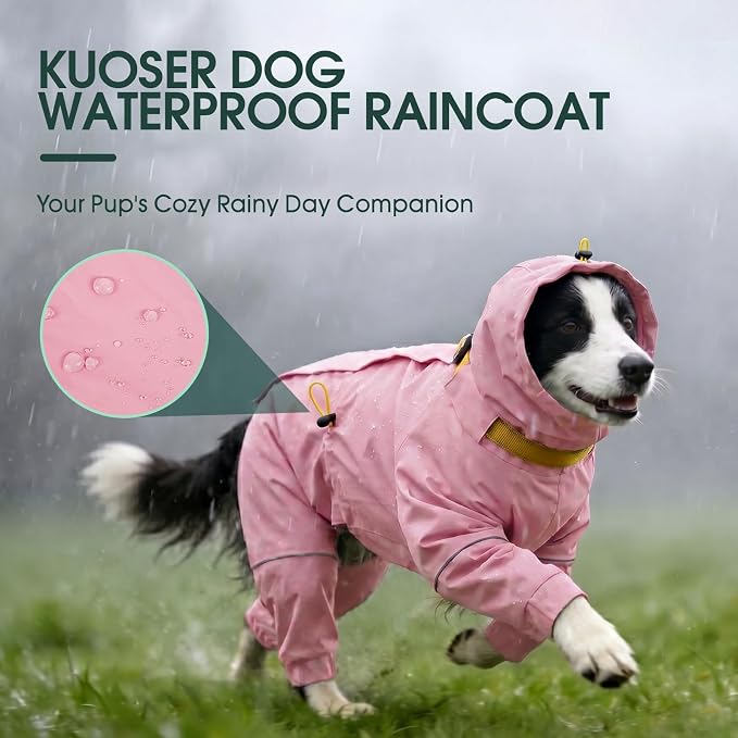 Kouser Waterproof Full-Body Coverage Dog Raincoat, Pink M | Dog Raincoat with Reflective Stripes, Adjustable Dog Rain Jacket with Leash D-Ring, Hooded Poncho for Small Medium Large Dogs