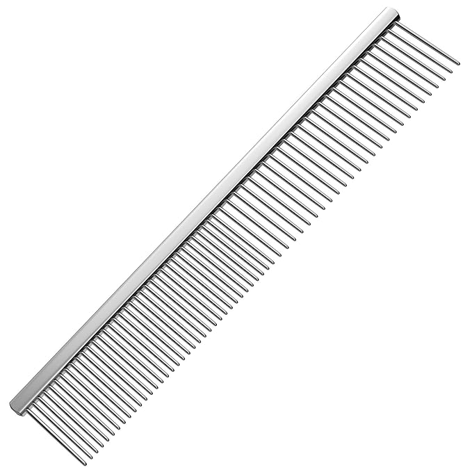 Stainless Steel Dog & Cat Comb with Coarse/Fine Teeth, Professional Pet Grooming Tool, Dematting Undercoat Comb for Long Hair, Double Coats Dogs Cats Removing Tangles and Knots, Silver